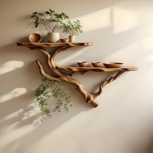 Handcrafted Solid Wood Tree-Branch Wall Shelf