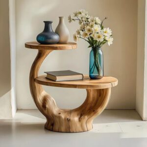 Handcrafted Solid Wood Sculptural Side Table