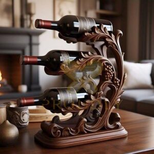 Hand-Carved Solid Wood Wine Bottle Holder Stand