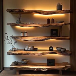Live Edge Solid Wood Floating Shelves with Warm LED Backlighting – Handcrafted Wall Display